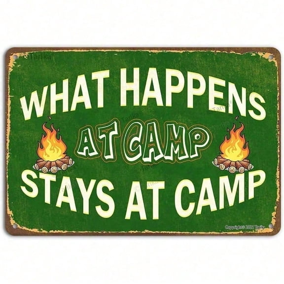 HELLOYOUNG Vintage What Happens At The Camp Stays At The Camp Rustproof Metal Tin Sign 8x12 Inch Funny Wall Decor for Man Cave Cabin Bar