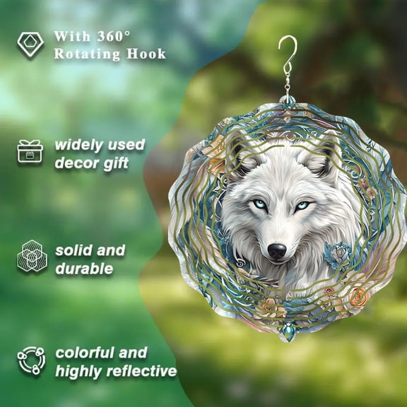 HELLOYOUNG Vintage White Wolf Pattern Metal Wind Spinner, 360 Swivel Hook for Strong Dynamic Artistic Effect, Courtyard Balcony Lawn Decor, Unique Gift for Friends Family Indoor Outdoor