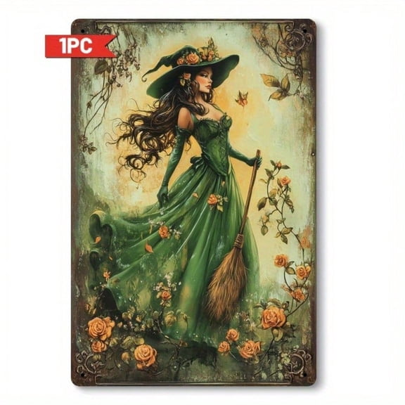 HELLOYOUNG Vintage Witch Metal Sign 8x12 Inch, Retro Floral Gothic Bar Wall Art, Funny Tin Poster for Home Cafe Decor