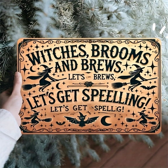HELLOYOUNG Vintage Witch Metal Wall Decor, 7.8x11.8 Inch Halloween Sign with Bat Moon Cauldron, Let's Cast Some Magic for Home Kitchen Hanging Ornament