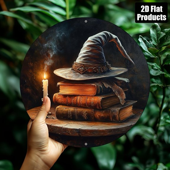 HELLOYOUNG Vintage Wizard Hat Metal Tin Sign 8x8 Inch Retro Round Wall Art for Bar Coffee Home Man Cave Decoration