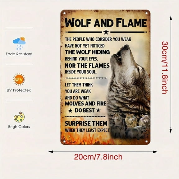 HELLOYOUNG Vintage Wolf Metal Sign 12x8 Inch Flame Art Deco Aluminum Tin Poster for Home Office Kitchen Bar Cafe Farm Garage Wall Decor