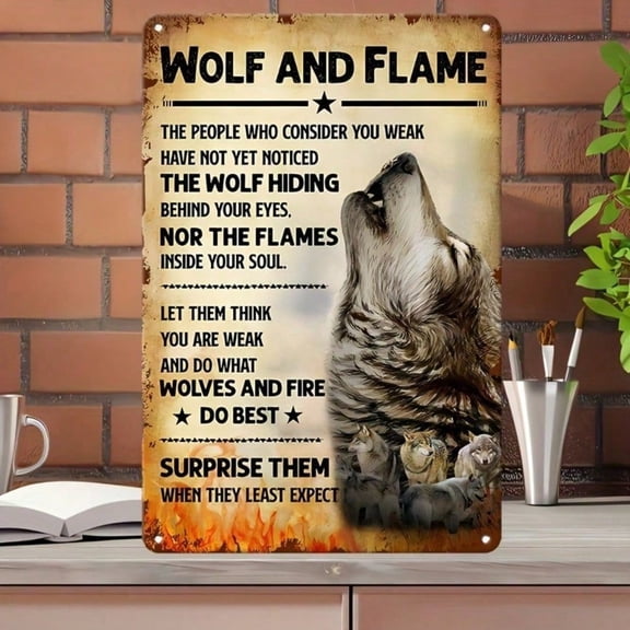 HELLOYOUNG Vintage Wolf Tin Metal Sign Retro Flame Painting Wall Art 8x12 Inch Rustic Cabin Lodge Decor for Men Man Cave Gift
