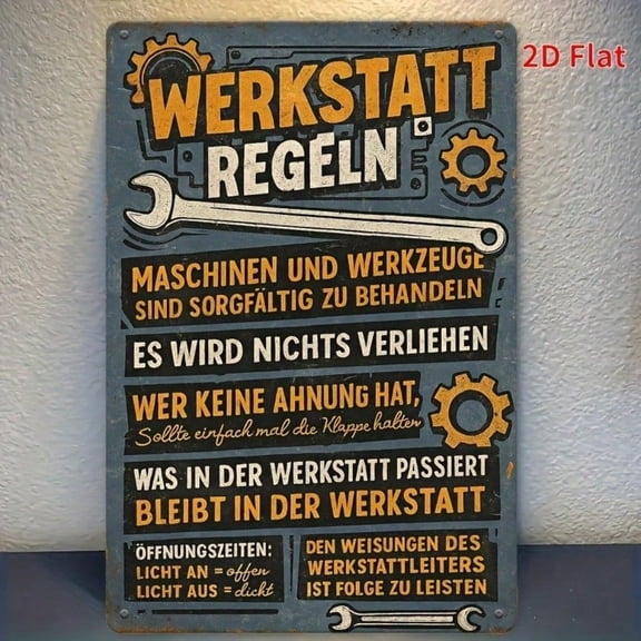 HELLOYOUNG Vintage Workshop Rules Tin Sign German Style Metal Plaque 8x12 Inch Retro Industrial Wall Art for Garage Pub Man Cave Home Decor
