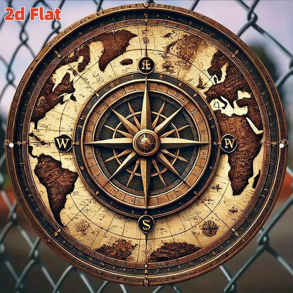 HELLOYOUNG Vintage World Map Compass Round Wall Art 8in Rustproof 2D Sign