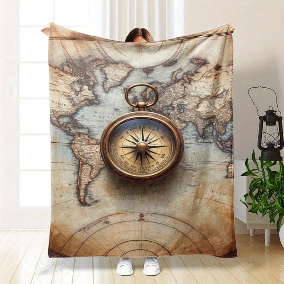 HELLOYOUNG Vintage World Map Flannel Blanket Heavyweight Soft Warm All-Season Bedspread, Cozy Flannel Throw for Home Office Camping Travel, Luxury Brown Nautical Design Durable Blanket Holiday