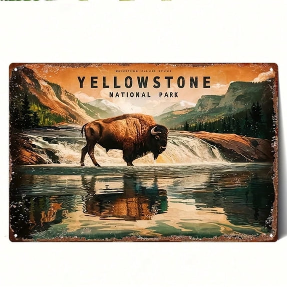 HELLOYOUNG Vintage Yellowstone Tin Sign Retro Bison Metal Wall Art Rustic Cabin Decor 8x12 Inch