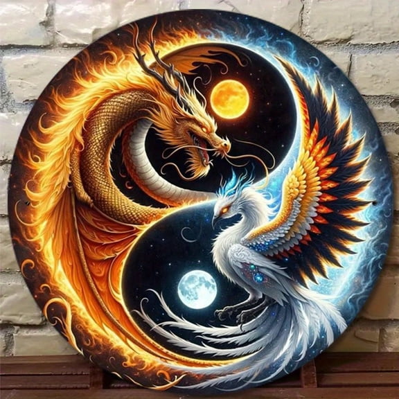HELLOYOUNG Vintage Yin Yang Phoenix Metal Tin Sign 8x8 Inch Round Wall Art Decor for Home Bar Man Cave