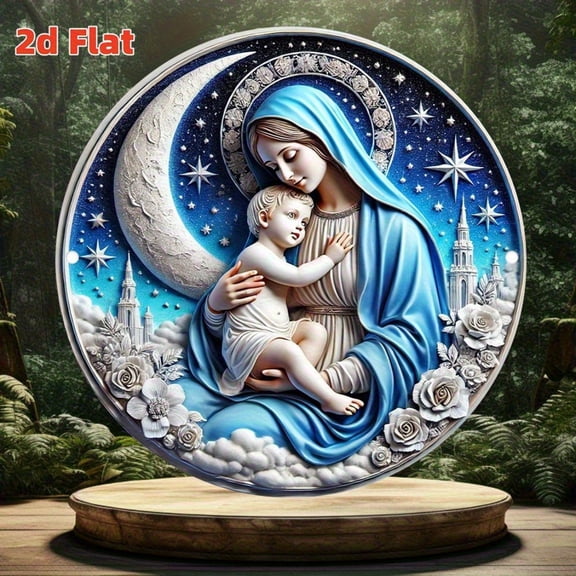 HELLOYOUNG Virgin Mary Metal Sign Floral Crescent Round Wall Plaque Religious Art Decor for Home Church