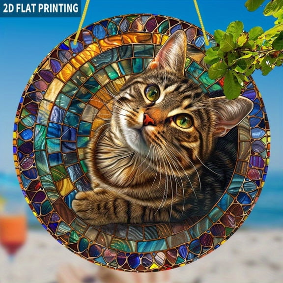 HELLOYOUNG Vivid Mosaic Cat Sun Catcher Acrylic Sun Catcher Window Pendant Flat Window Hanging for Home Garden Decor, Colorful Stained Glass Prism Art