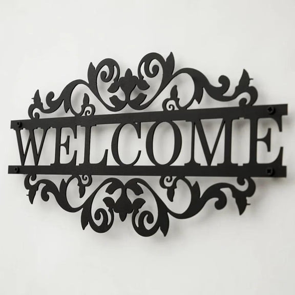 HELLOYOUNG WELCOME Metal Wall Sign, Vintage Scroll Floral Iron Wall Decor, Ornate Hollow Hanging Plaque for Entryway