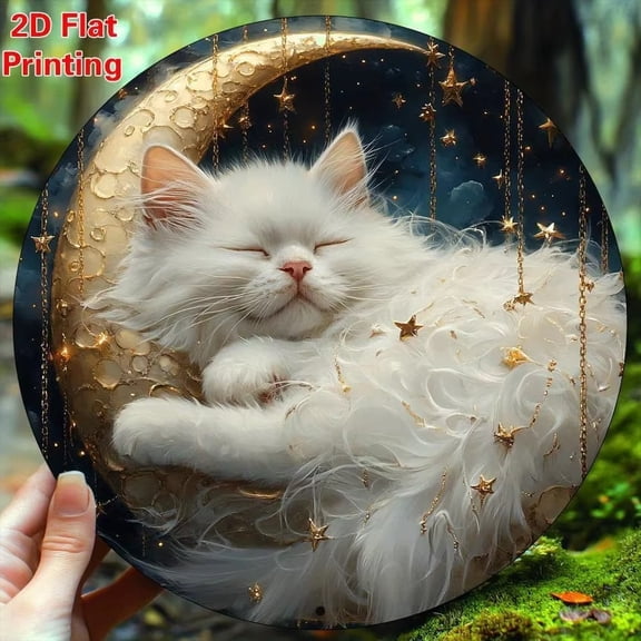 HELLOYOUNG Wall Art Aluminum Metal 8x8 Inch White Cat Under Moon Kitchen Decor Gifts for Mother's Day Women Home Living Room Modern