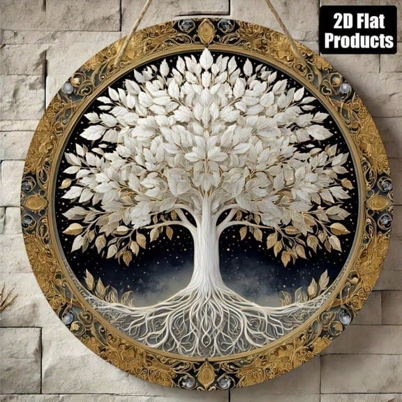 HELLOYOUNG Wall Decor Tree of Life Moon Plaque Vintage Round Wooden Board, Bedroom Living Room Home Sign Rustic Metal Tin Art