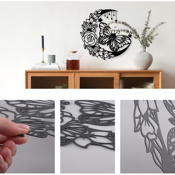 HELLOYOUNG Wall Decoration Metal Black Moon Butterflies Metal Decorative Wall Hanging Butterfly Decoration Wall Sculptures for Girls Children's Room Garden Window (30 X 30 Cm)