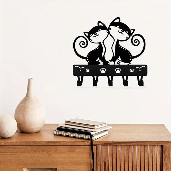 HELLOYOUNG Wall Mount Key Rack, Twin Cats Wall Decor with Hooks, Decorative Key Holder for Home, Perfect Shape Metal Wall Art for Keys and Accessories
