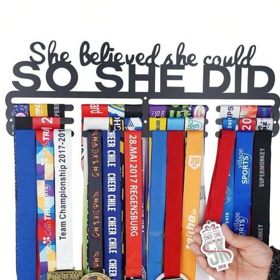 HELLOYOUNG Wall Mount Trophy Display, "She Believed She Could" Medal Hanger with Rustic Iron Design, Inspirational Home Office Decor, Durable & Space-Saving Wall Decor for Awards