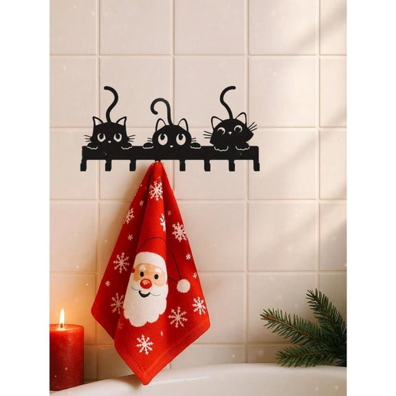 HELLOYOUNG Wall Mounted Cat Key Holder, Forged Iron 5-Hook Coat Rack, Festive Christmas Feline Decor, Multi-Purpose Entryway Organizer, Rustproof Bathroom Hardware Storage, Easy Install Utility Hook