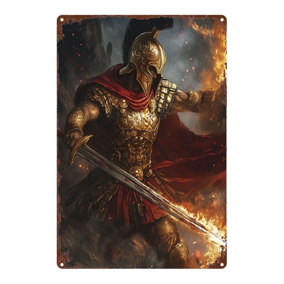 HELLOYOUNG Warrior Flame Gold Armor Metal Sign Medieval Rustic Farmhouse Wall Art Vintage Decor for Home Kitchen Bar 8x12 Inch