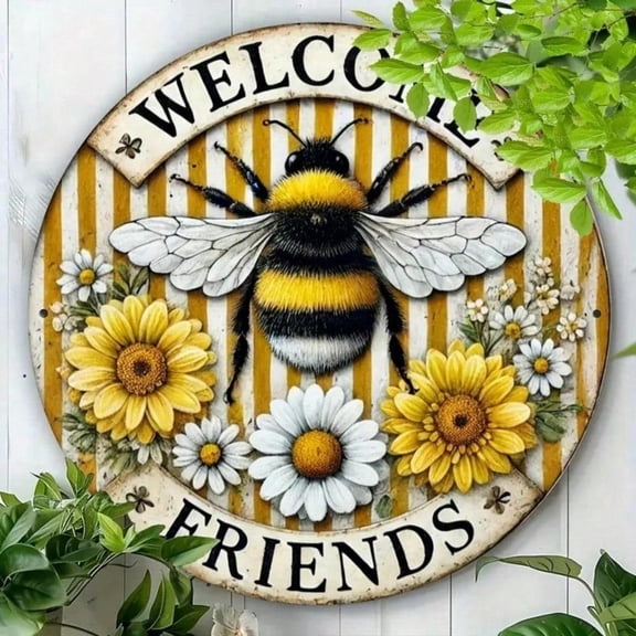 HELLOYOUNG Welcome Bee Metal Mug Wall Decor, 8-Inch Rustic Round Flower-Design Sign for Garden Bar Cafe Entryway, Nature-Themed Home Art for Bathroom Bedroom Kitchen Living Room, New Home Gift