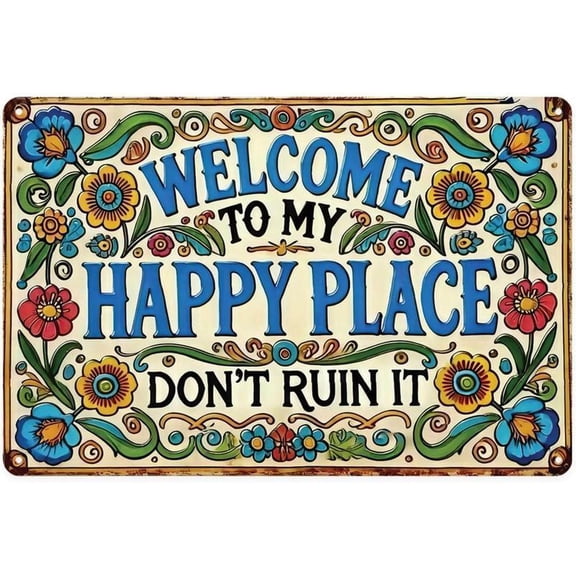 HELLOYOUNG Welcome to My Happy Place Floral Vintage Boho Metal Sign Print Aesthetic Room Decoration for Home Bedroom Dorm Bathroom Wall Decor 8X12 inch