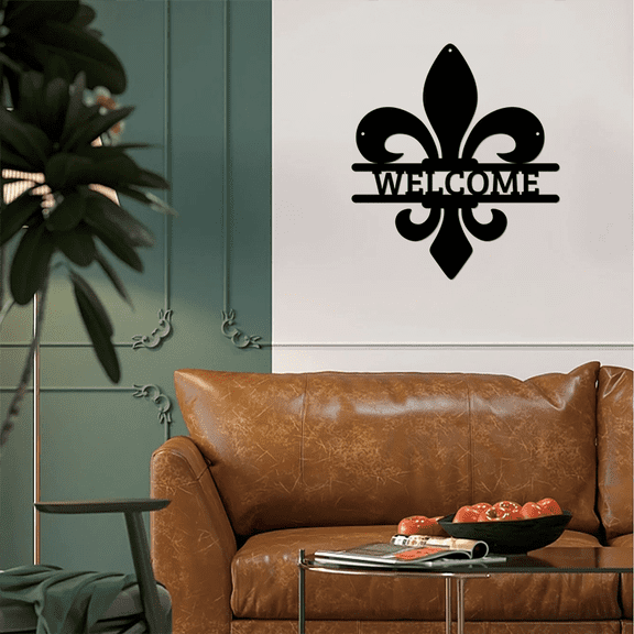 HELLOYOUNG Welcome Sign Metal Wall Art Handcrafted Fleur De Lis Decor for Front Door Porch Entrance, Home Wall Decor Outdoor, Rustic Iron Art Housewarming Gift