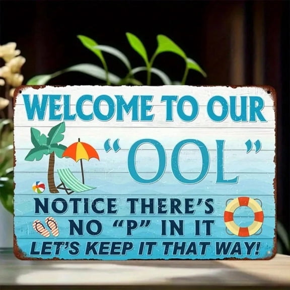 HELLOYOUNG "Welcome To Our Pool" Funny Metal Wall Art Sign Beachy Relaxation Design with Palm Trees Life Preservers Poolside Decor