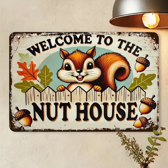 HELLOYOUNG "Welcome to Nut House" Cute Squirrel Aluminum Sign for Autumn Garden Decor