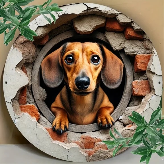 HELLOYOUNG Whimsical Dachshund Peeking 2D Round Metal Sign Charming Wall Decor for Home, Garden, Bedrooms | Dog Lover Decor