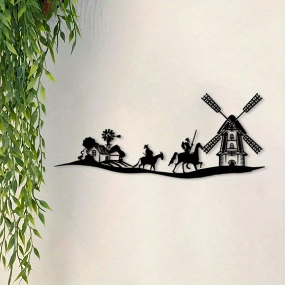HELLOYOUNG Whimsical Don Quixote Iron Wall Art Vintage Three Musketeers & Windmill Design Durable Weather-Resistant