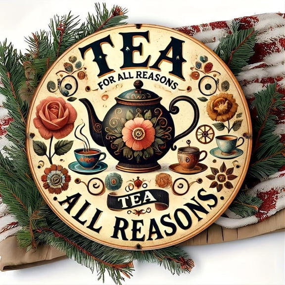 HELLOYOUNG Whimsical, Vintage 'Tea for All Reasons' Round Tin Sign - Perfect for Cafes, Kitchens, Bars & Home Decor - Fun Wall Art Gift, 8x8 Inches
