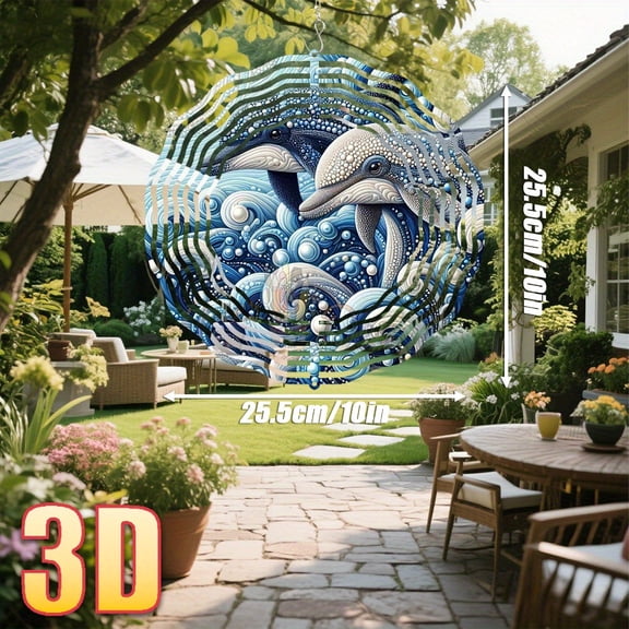 HELLOYOUNG Wind Chime 3D Creative Dolphins Swimming in Abstract Ocean25.5cm DIY 360 Degree Rotating Wind Spinner with Swivel Hook for Patio Balcony Spring Summer Decor, Outdoor Hanging Ornaments