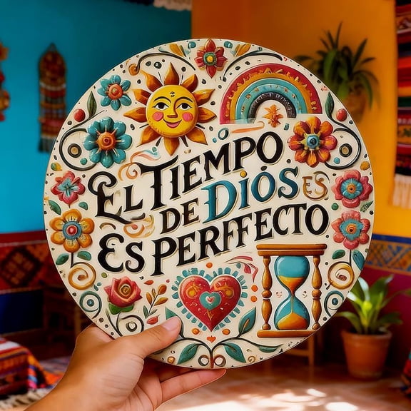 HELLOYOUNG Wind Chime Faith-Based Spanish Inspirational Metal Wall Art "El Tiempo De Dios Es Perfecto" Round Tin Sign for Home Patio Prayer Room Decor 8x8 Inch