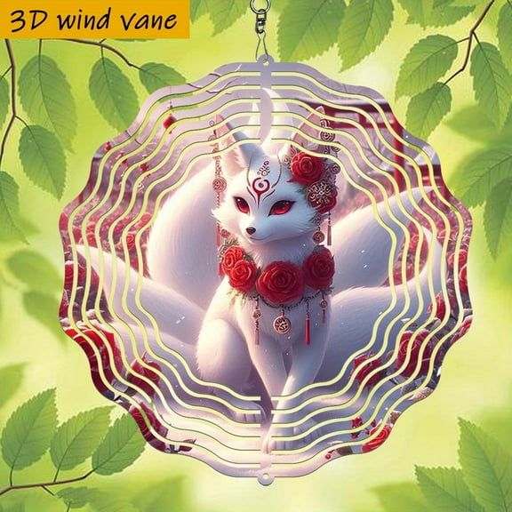 HELLOYOUNG Wind Chime Metal Decor, 10 Inch 3D Nine-Tailed Fox Snow Scene Wind Spinner, 360 Degree Rotating Wind Chime for Garden, All Seasons Holiday Gift for Christmas Halloween
