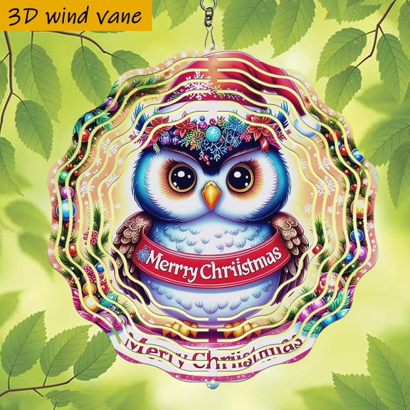 HELLOYOUNG Wind Chime for Outdoor Christmas Decor, 10 Inch Iron Owl with 3D Red Hat Floral Design, 360 Rotating Metal Spinner for Garden Halloween Thanksgiving Easter, Easy Hang Holiday Gift Festive