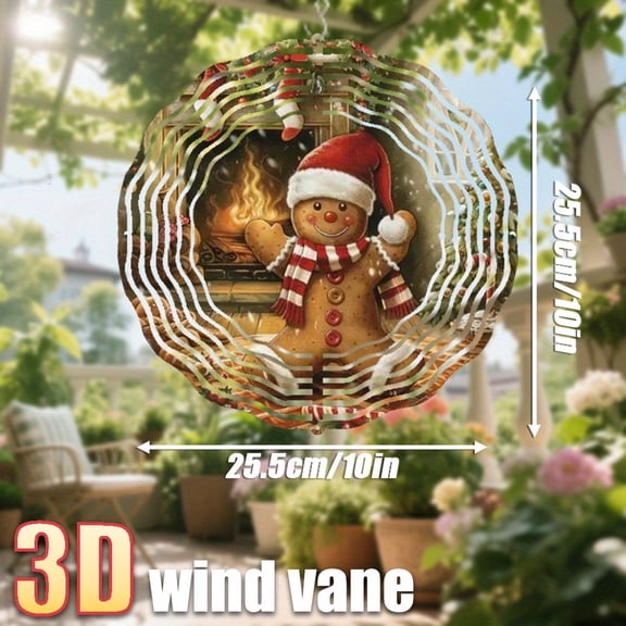 HELLOYOUNG Wind Chime Outdoor Decor, Christmas Wind Spinner 10 Inch, 3D Gingerbread Man with Fireplace Rotating Holiday Decor, 360 Hook Hanging Metal Wind Chime for Garden Balcony Spring Summer