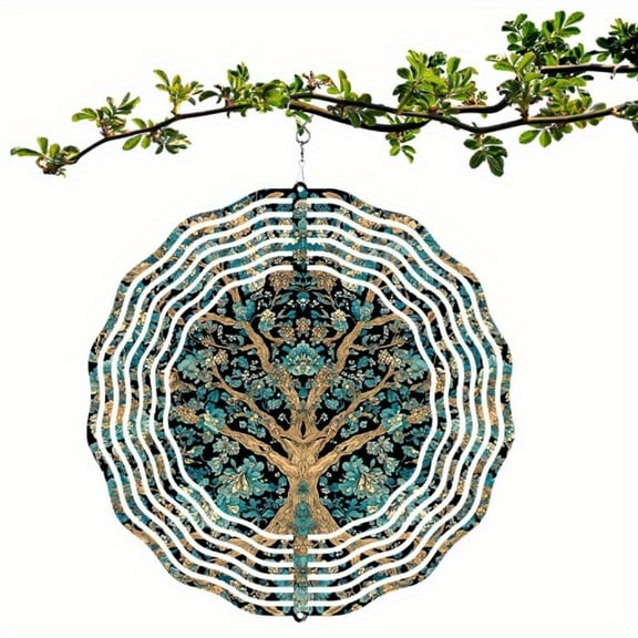 HELLOYOUNG Wind Chime for Outdoor Garden Decor, Golden Zen Floral Tree of Life Metal Wind Chime, Blue Hanging Patio Decor Gift with Soothing Sounds