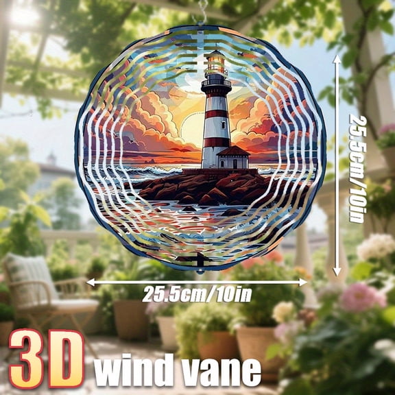 HELLOYOUNG Wind Chimes Lighthouse Metal Wind Chime Decor with 360 Rotating Hook, Sunset Scene Hanging Ornament for Balcony Garden Yard Decoration, 10 Inch