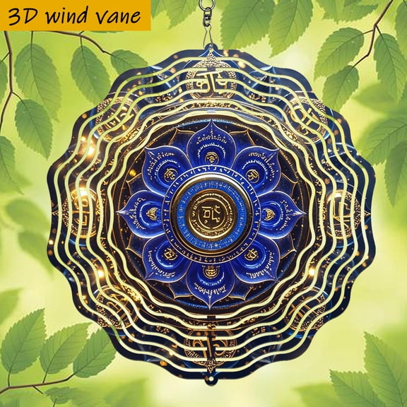 HELLOYOUNG Wind Chimes Outdoor Decor, 3D Lotus Wind Vane 10 Inch, Blue and Gold Metal Wind Spinner with 360 Rotating Hook, Easy Install Garden Art Holiday Gift for Christmas Halloween