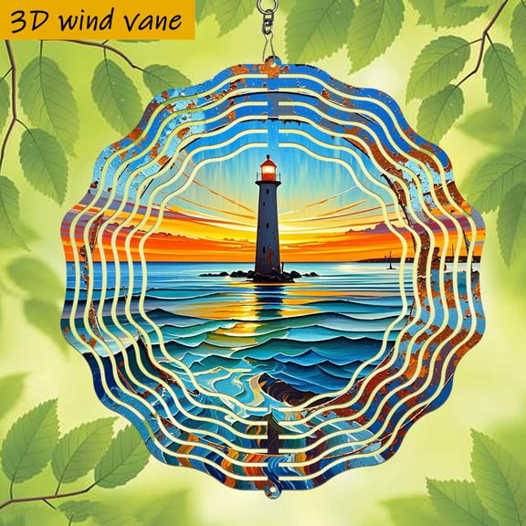 HELLOYOUNG Wind Chimes, Outdoor Wind Spinner Lighthouse Decor With 360 Rotation, Coastal Metal Art Sunset Waves Garden Gift For Atmosphere PendantBeach House