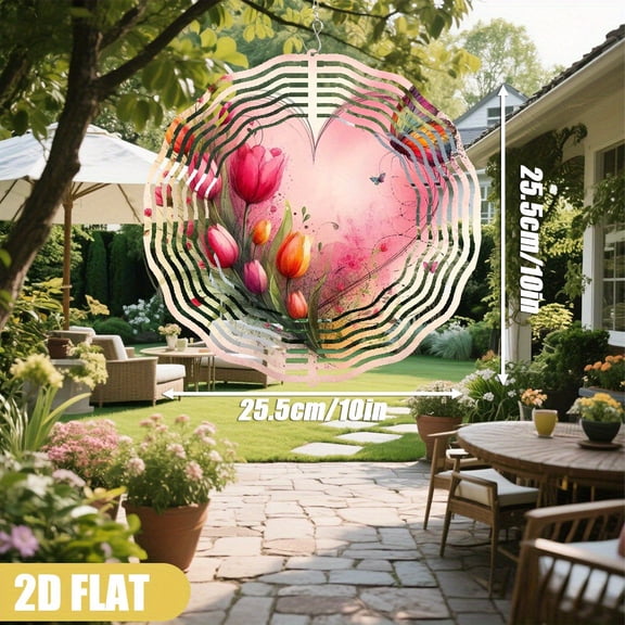 HELLOYOUNG Wind Spinner 10 Inch Heart Shape Wind Chime, Colorful Butterfly Tulip Garden Decor with Rotating Hook 360 Degree Spinning, DIY Creative Wind Turn Metal Hanging Decorations for Outdoor Indo