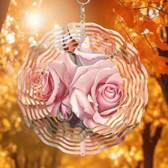 HELLOYOUNG Wind Spinner 10 Inch Outdoor Garden Decor, Boho Pink Roses Metal Suncatcher with Stained Glass and Bells, Weatherproof Fade Resistant Rust Proof Patio Yard Gift for Women Christmas