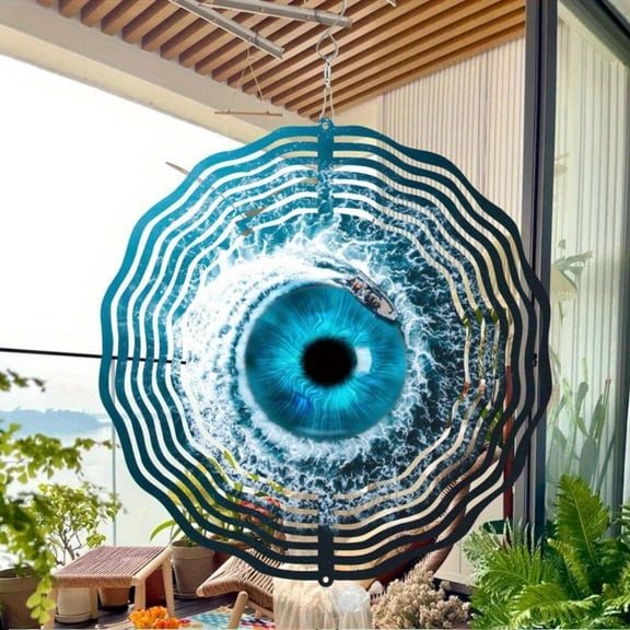 HELLOYOUNG Wind Spinner 25.4cm Metal Bohemian Blue Eye Suncatcher with Stained Glass Wave Design, Weatherproof Rust-Resistant No Electricity Needed for Garden Patio Yard Decor, Perfect Gift for Chris