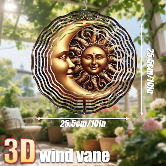 HELLOYOUNG Wind Spinner 3D Golden Sun Moon Metal Wind Chime Outdoor Garden Decor Rotating Hook 360 Degree Lawn Art Decoration Double Sided Pattern