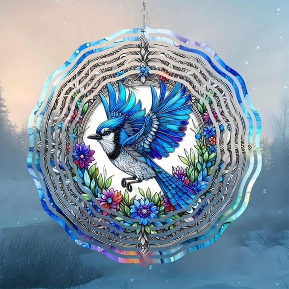 HELLOYOUNG Wind Spinner Metal Kinetic Garden Art, Blue Jay Bird Wind Spinner for Yard Decor with 360 Rotation, Vibrant Floral Design, Weather-Resistant Outdoor Windmill