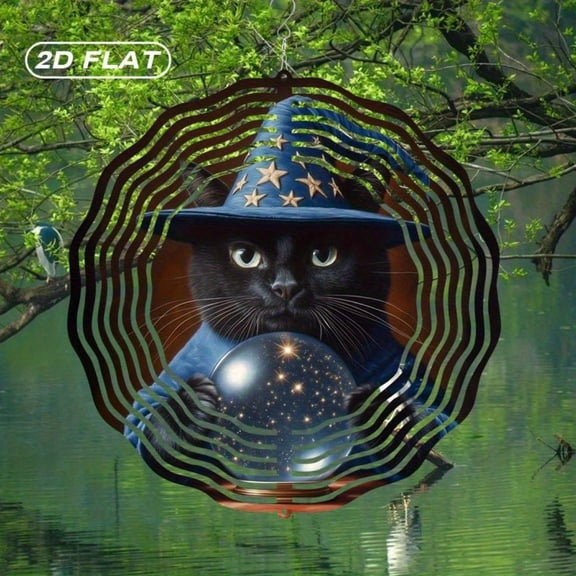 HELLOYOUNG Wind Spinner Outdoor Decor - 2D Flat Metal Cat & Stars Weatherproof Garden Spinner, 25.4cm Bohemian Suncatcher with Stained Glass Effect for Patio Yard, Gift for Christmas Halloween Easter