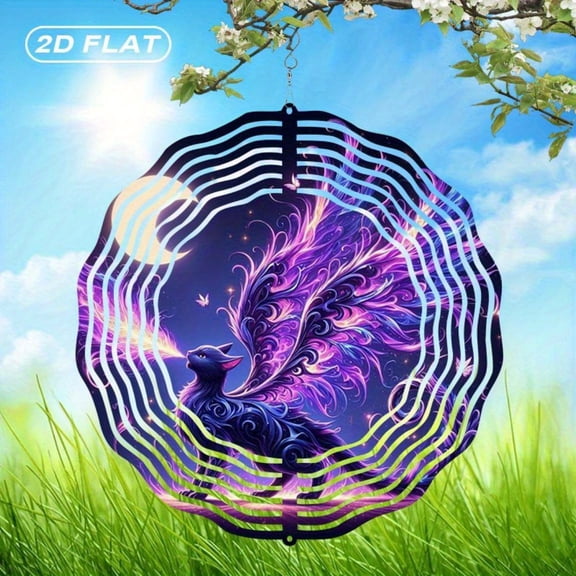 HELLOYOUNG Wind Spinner for Outdoors, 2D Flat Bohemian Cat Suncatcher 10 Inch Purple Blue Stained Glass, Garden Decor for Patio Yard Halloween Christmas Hanging Ornament