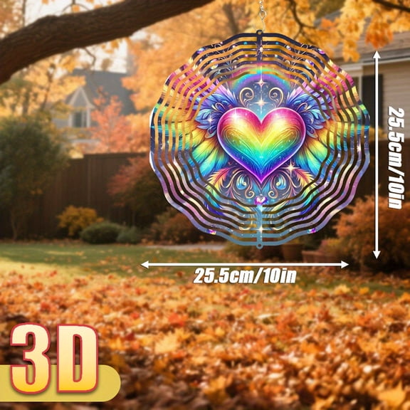 HELLOYOUNG Wind Spinner Rainbow Heart with Wings Art Print 360 Rotating Hook, 10 Inch Double Sided DIY Creative Garden Spinner for Yard Decor All Seasons