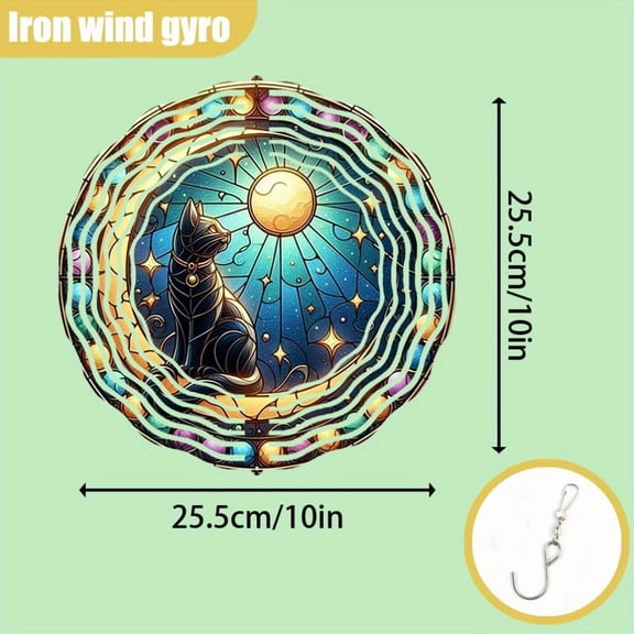 HELLOYOUNG Wind Spinners 10" Metal Art Deco Cat Crescent Stained Glass Wind Spinner - 360 Rotation Flat 2D Art Indoor Outdoor Decor Battery Free