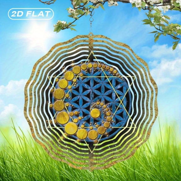 HELLOYOUNG Wind Spinners Outdoor Decor, 10 Inch Mandala Metal Wind Spinner with Golden Blue Stained Glass, Boho Suncatcher Weatherproof Rust Resistant for Garden Patio, Holiday Gift for Christmas Hal