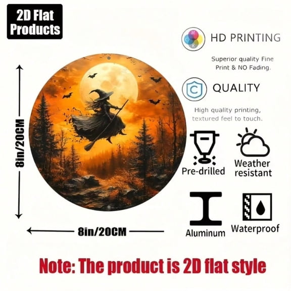 HELLOYOUNG Witch Theme 2D Flat Metal Plaque, 8x8" Round Aluminum Halloween Decor for Coffee Shop Home Room, Ideal Holiday Gift